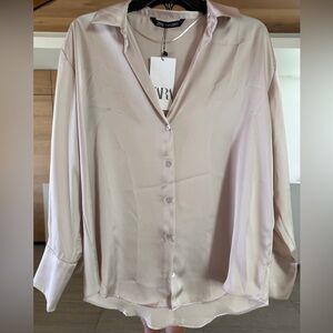 50%+ OFF 2ND ITEM!  Zara Champagne Silky Satin Effect Long Sleeve Blouse M
